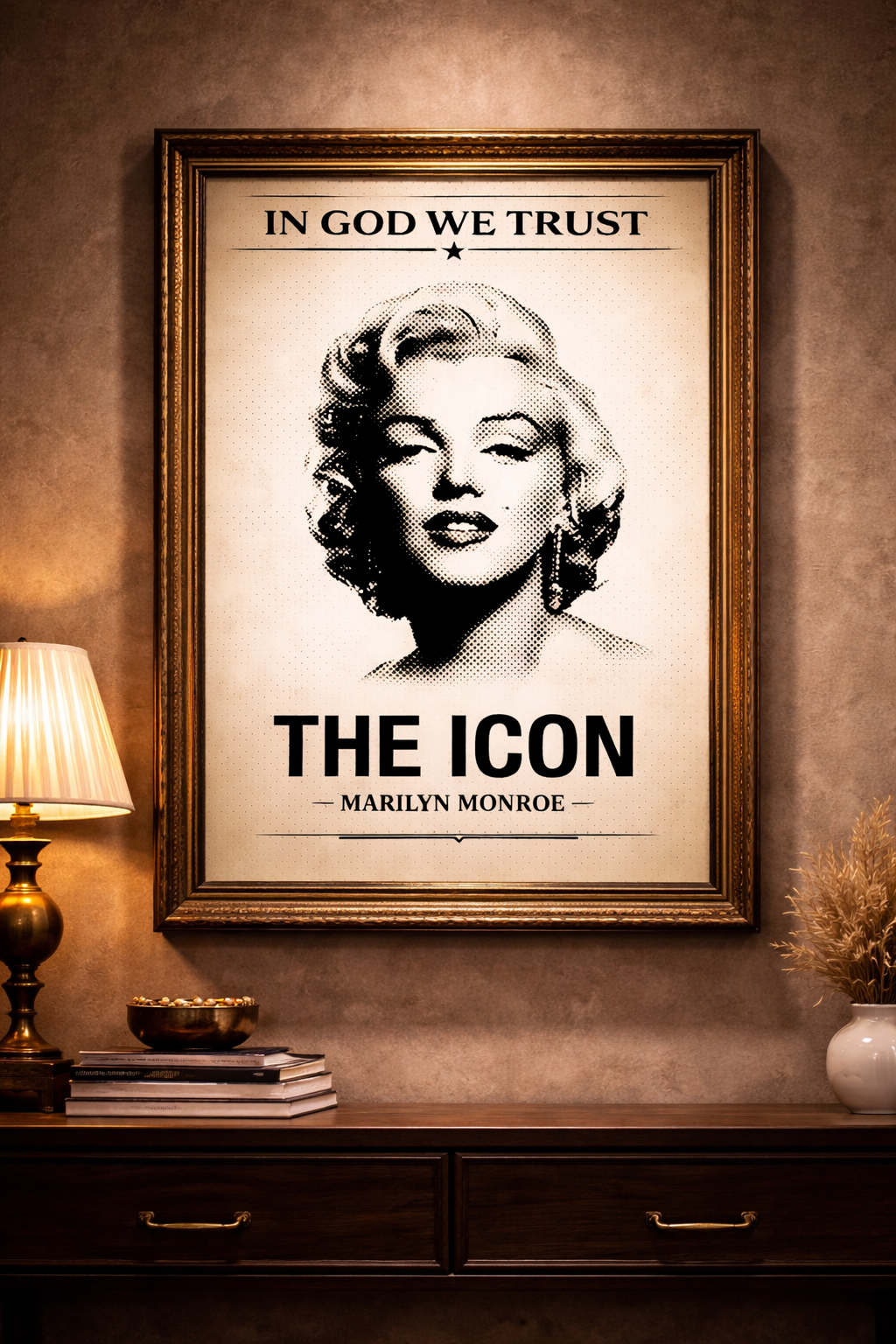Framed poster of a famous actress on a wall with decorative elements.