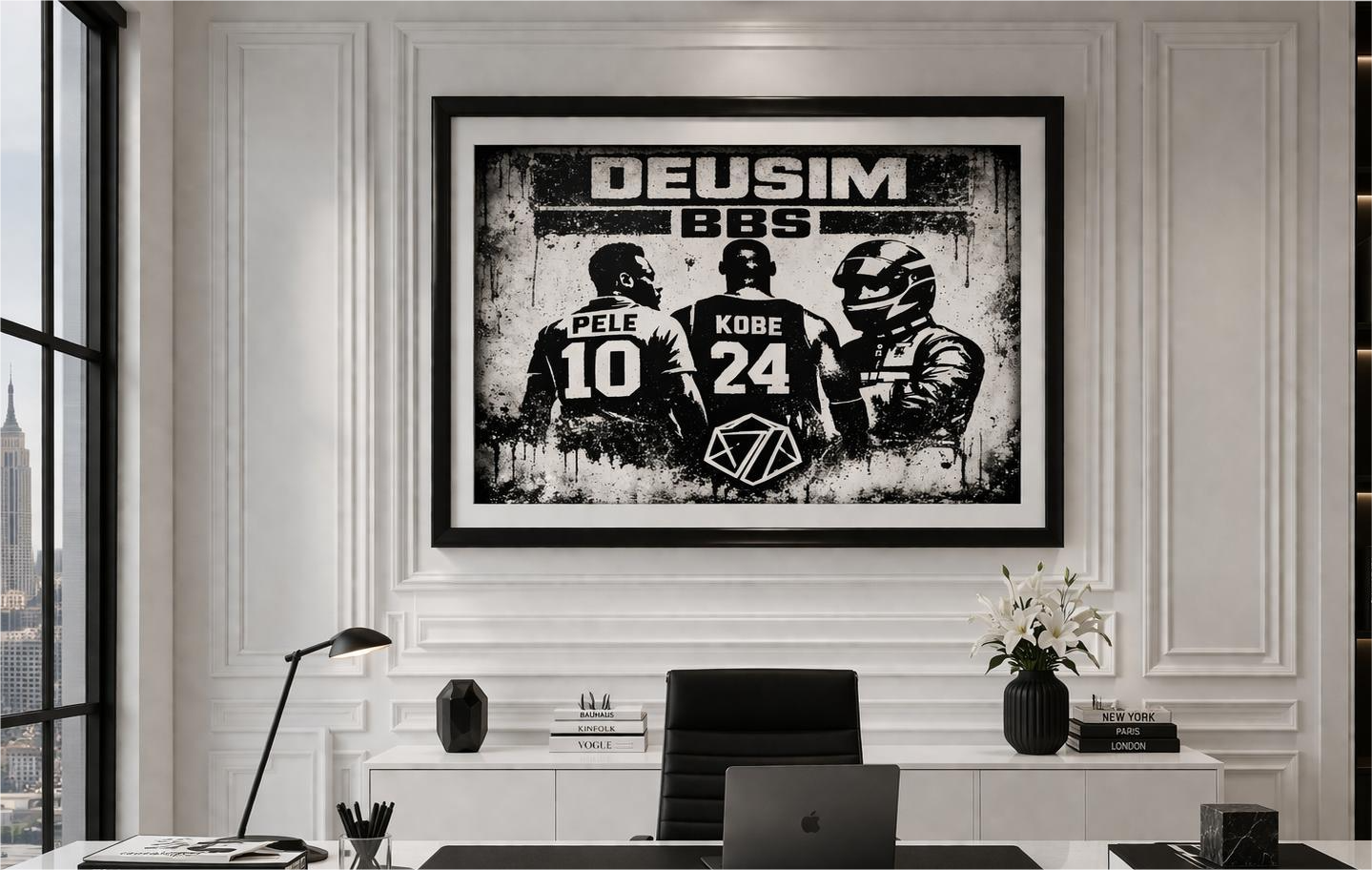 Framed artwork with 'DEUSIM' and 'BBS' on a wall in an office setting.