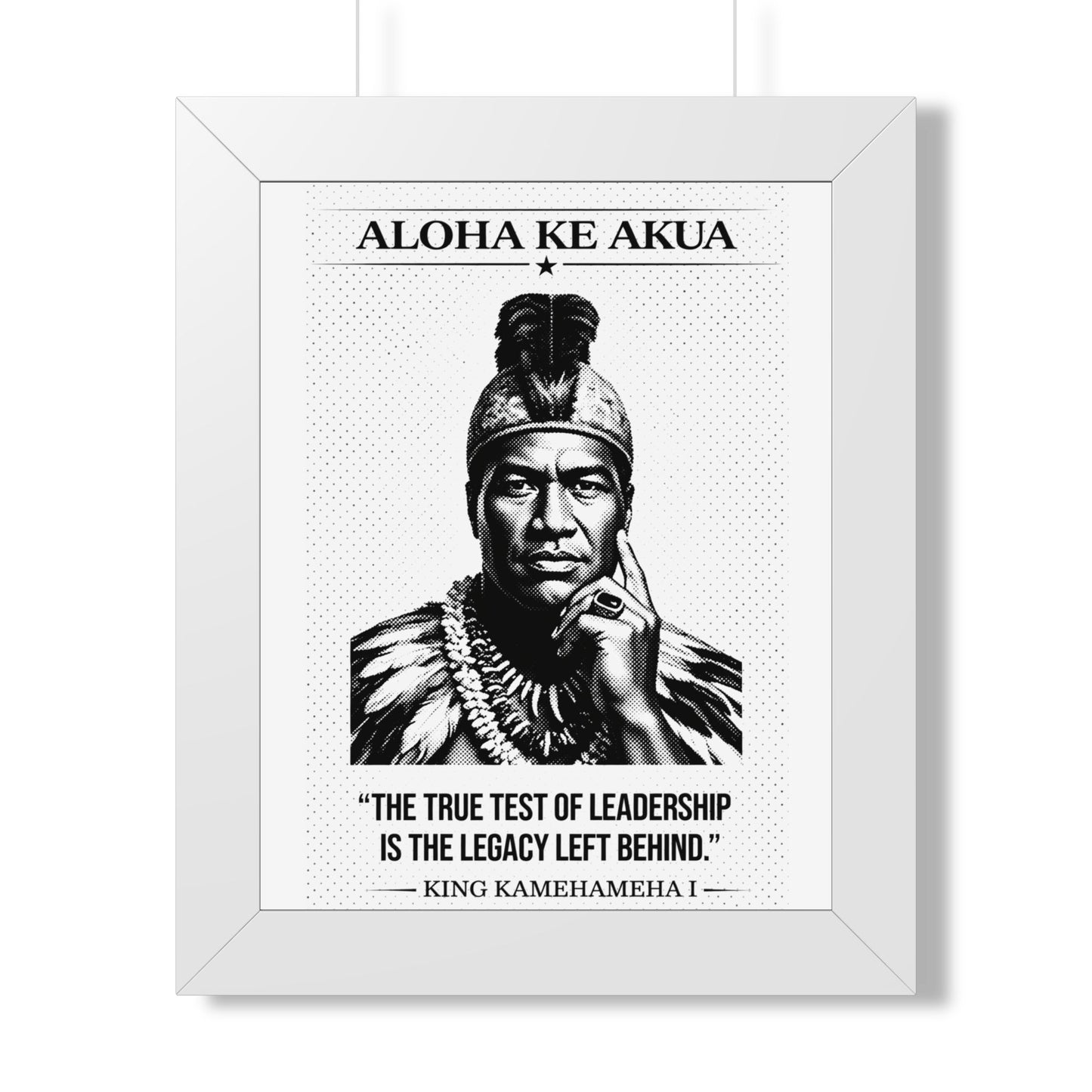 Framed ART with a black and white portrait of King Kamehameha I and motivational quote.