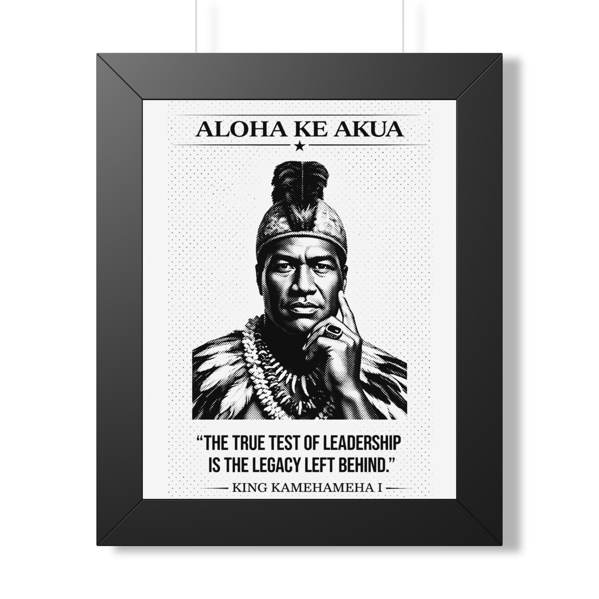 Framed ART with a black and white portrait of King Kamehameha I and motivational quote.
