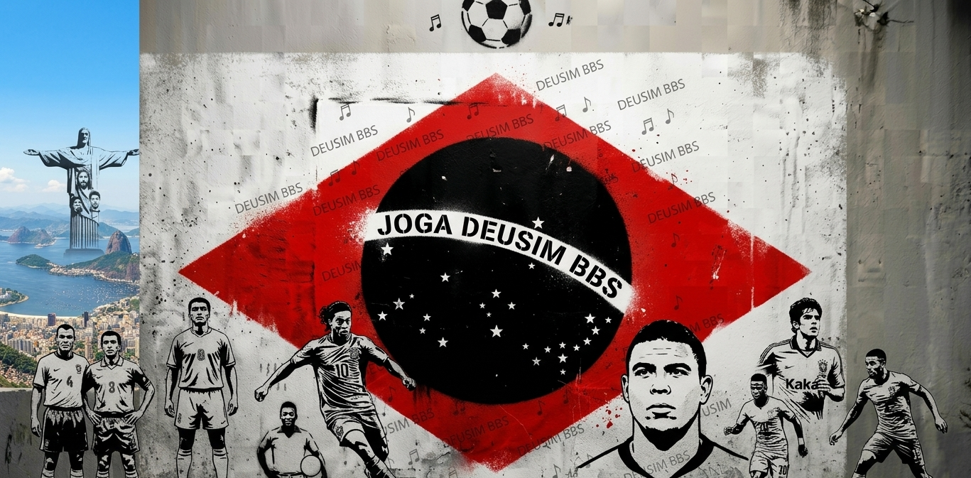Graffiti with soccer players and a flag design on a wall, featuring the text 'Joga Deusim BBS'.
