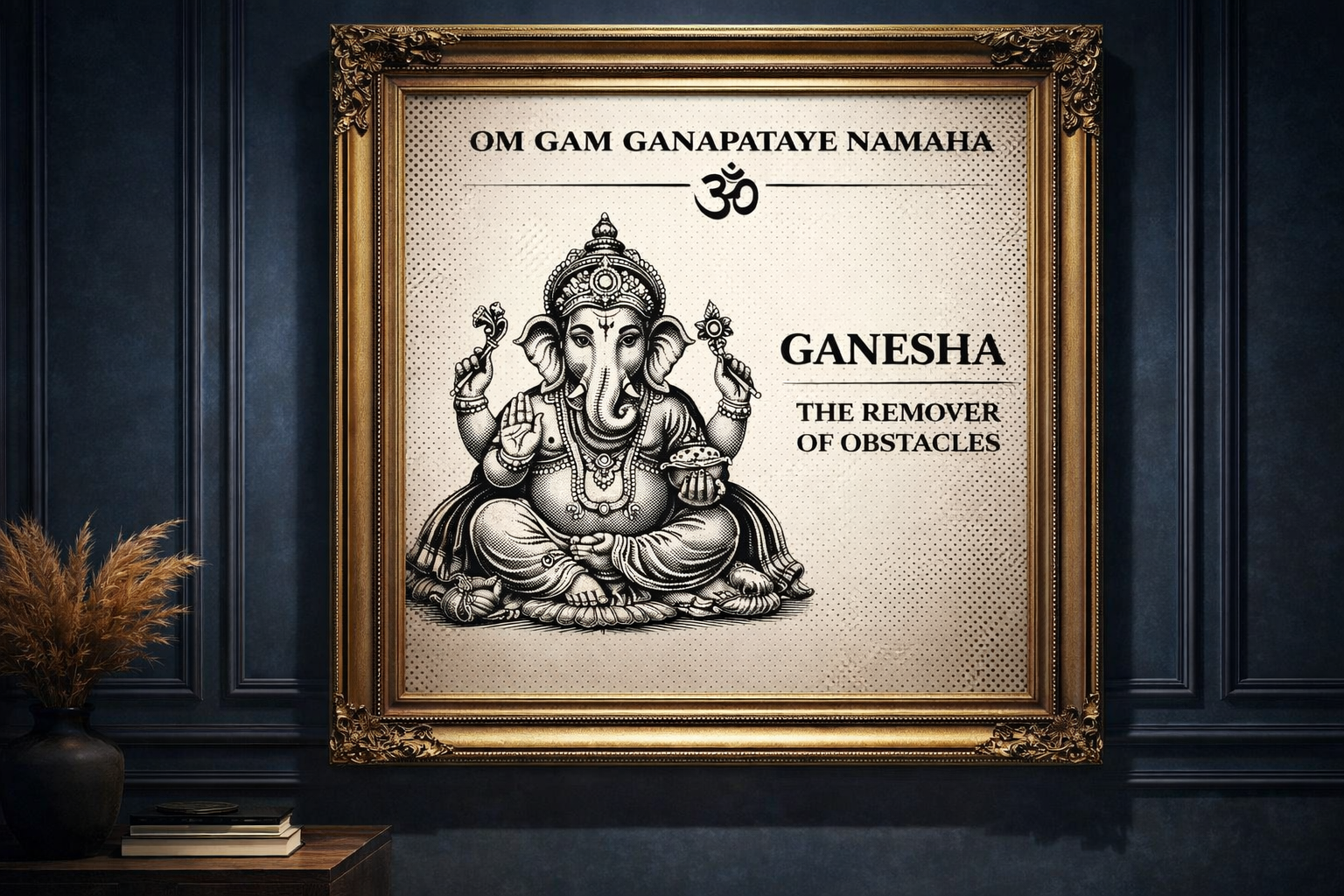 Framed artwork of Ganesha with text on a dark wall