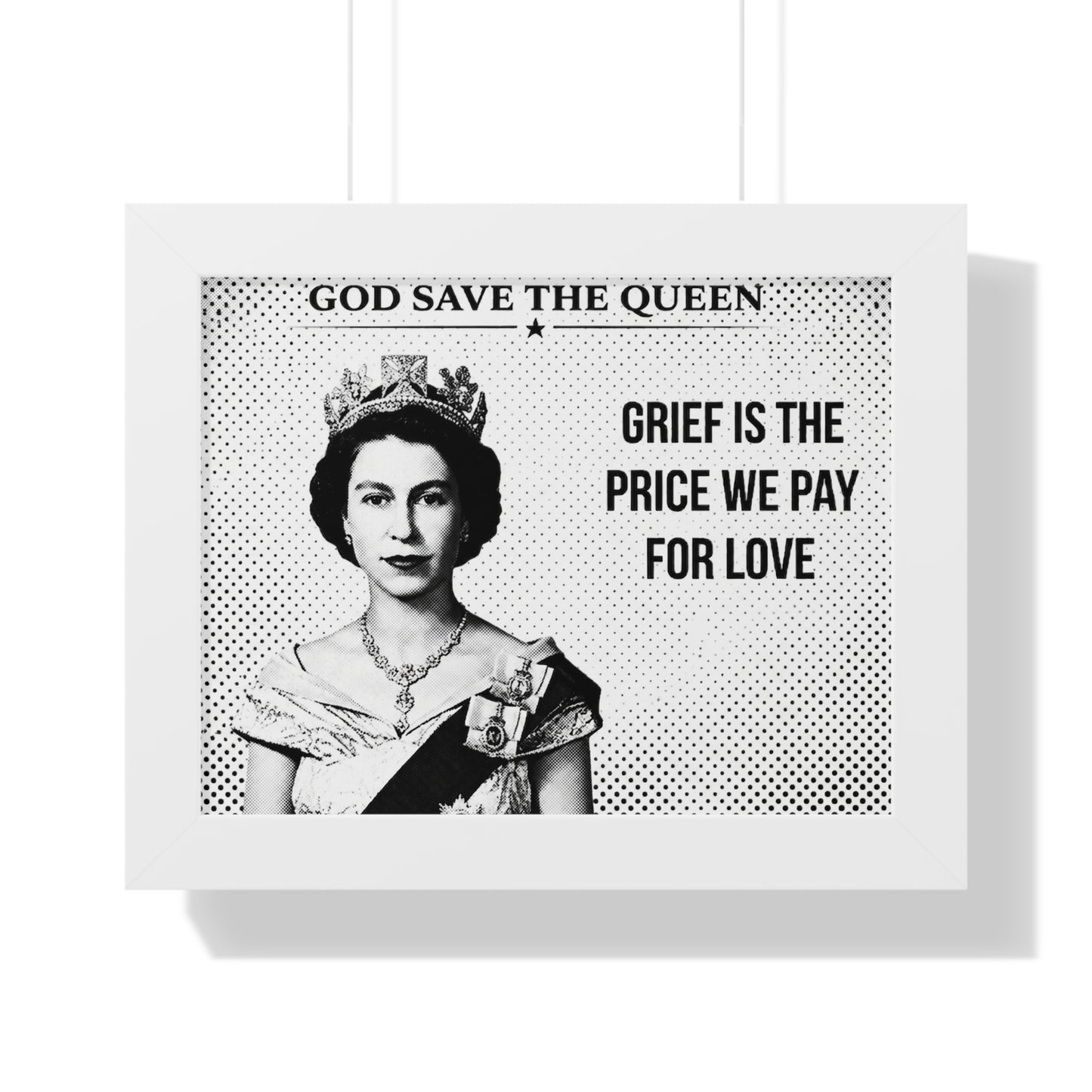 Framed ART with a black and white portrait of a queen and text on a white background