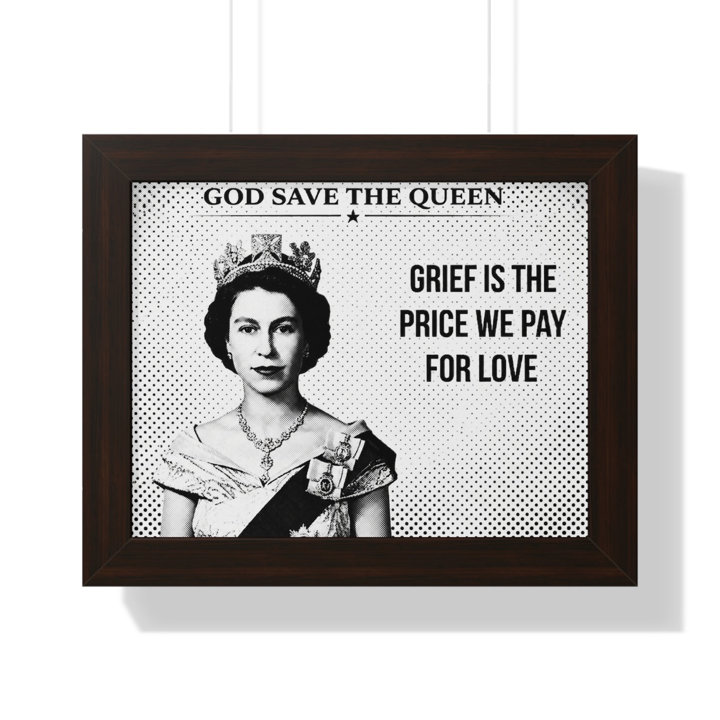 Framed ART with a black and white portrait of a queen and text on a white background