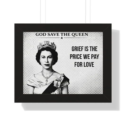Framed ART with a black and white image of a queen and text on a white background
