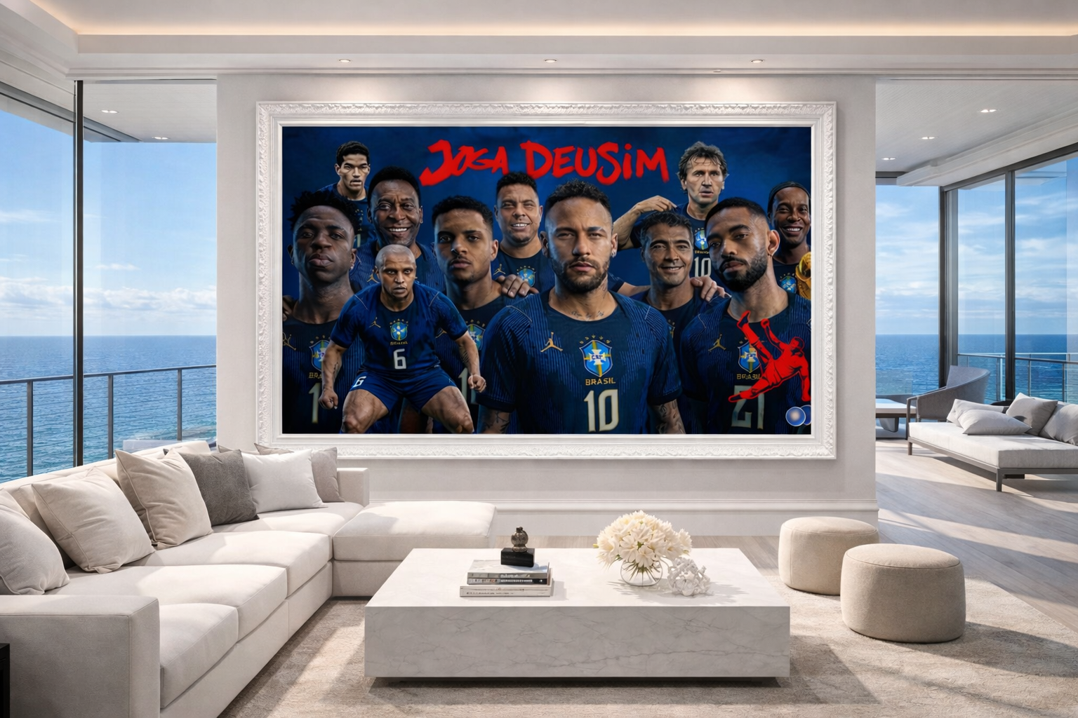 Living room with a large TV screen displaying a sports team photo.