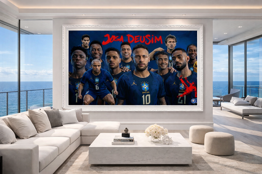 Living room with a large TV screen displaying a sports team photo.