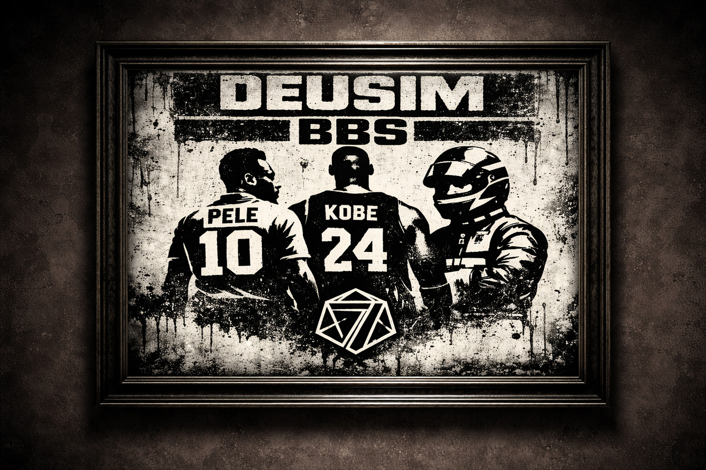 Framed artwork with three figures labeled 'Deusim BBS' and 'PELE 10' and 'KOBE 24' on a textured background.