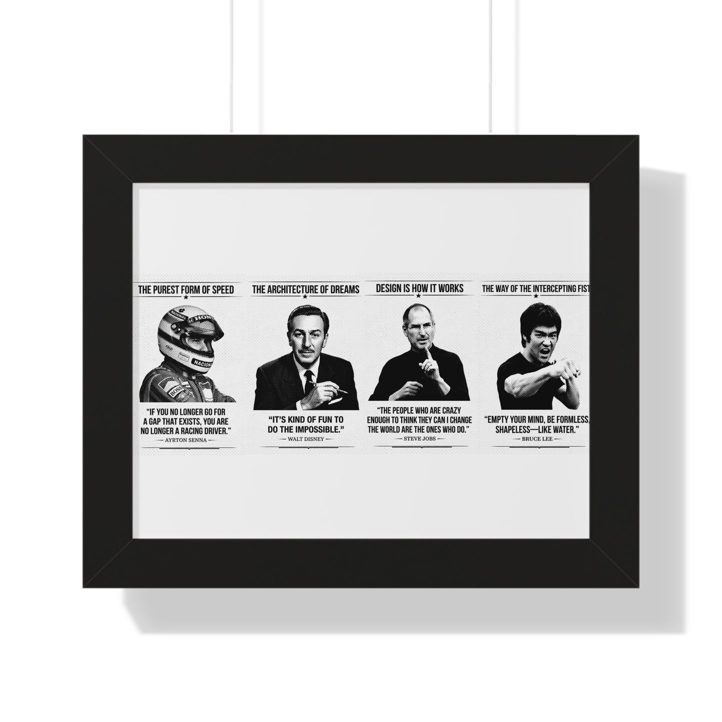 Framed ART with black and white images and text on a white wall.