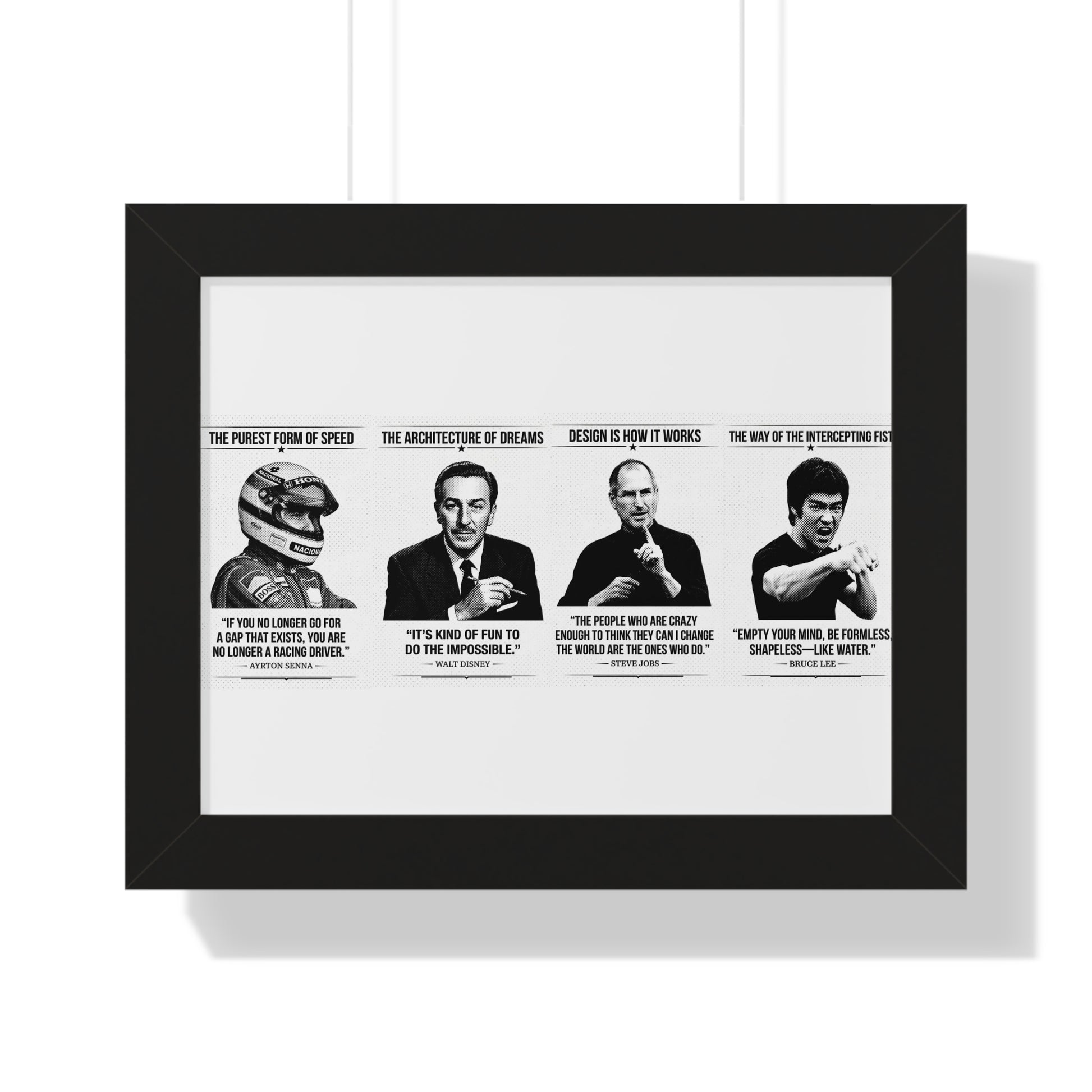 Framed ART with black and white images and text on a white wall.