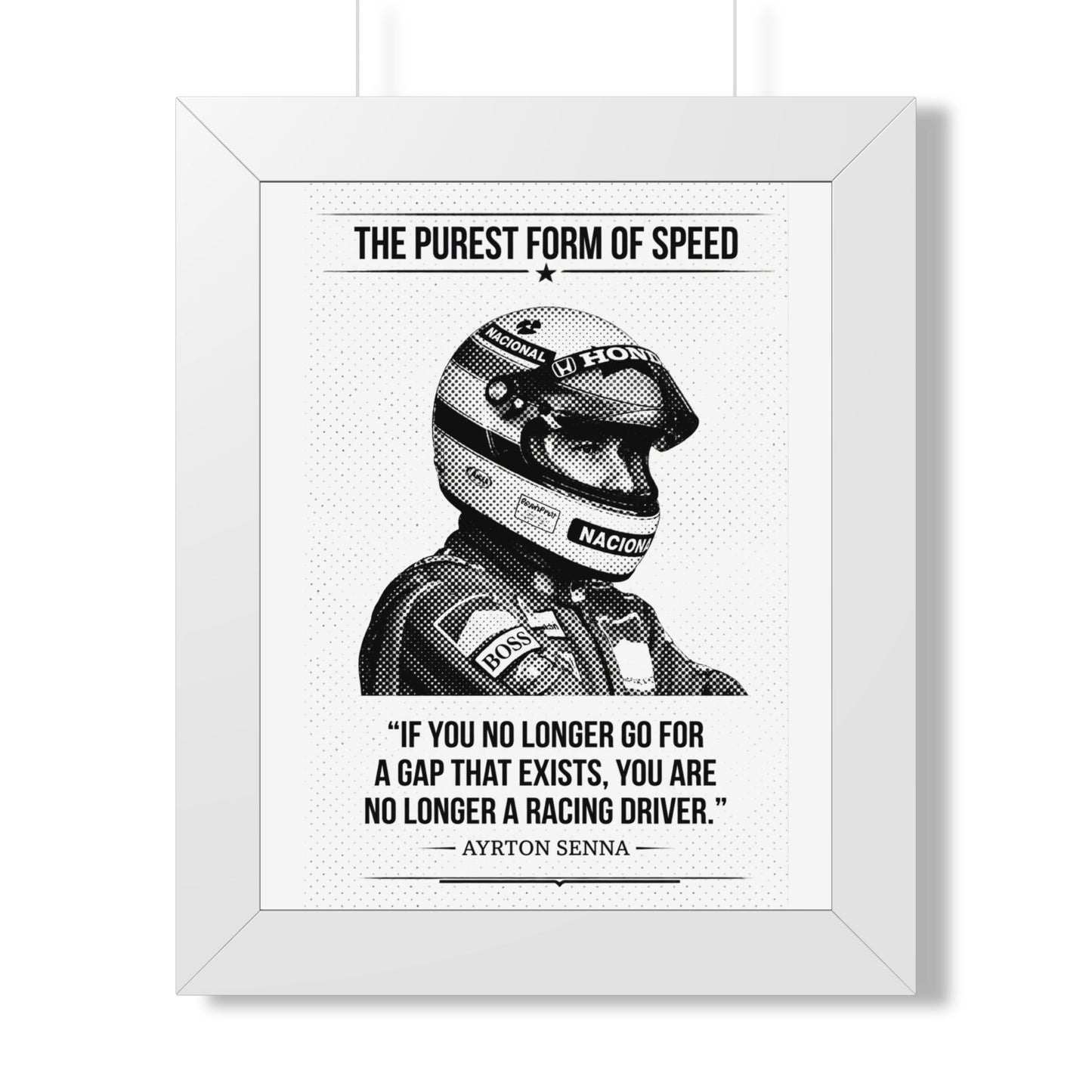 Framed ART with Ayrton Senna's quote and helmet on a white background