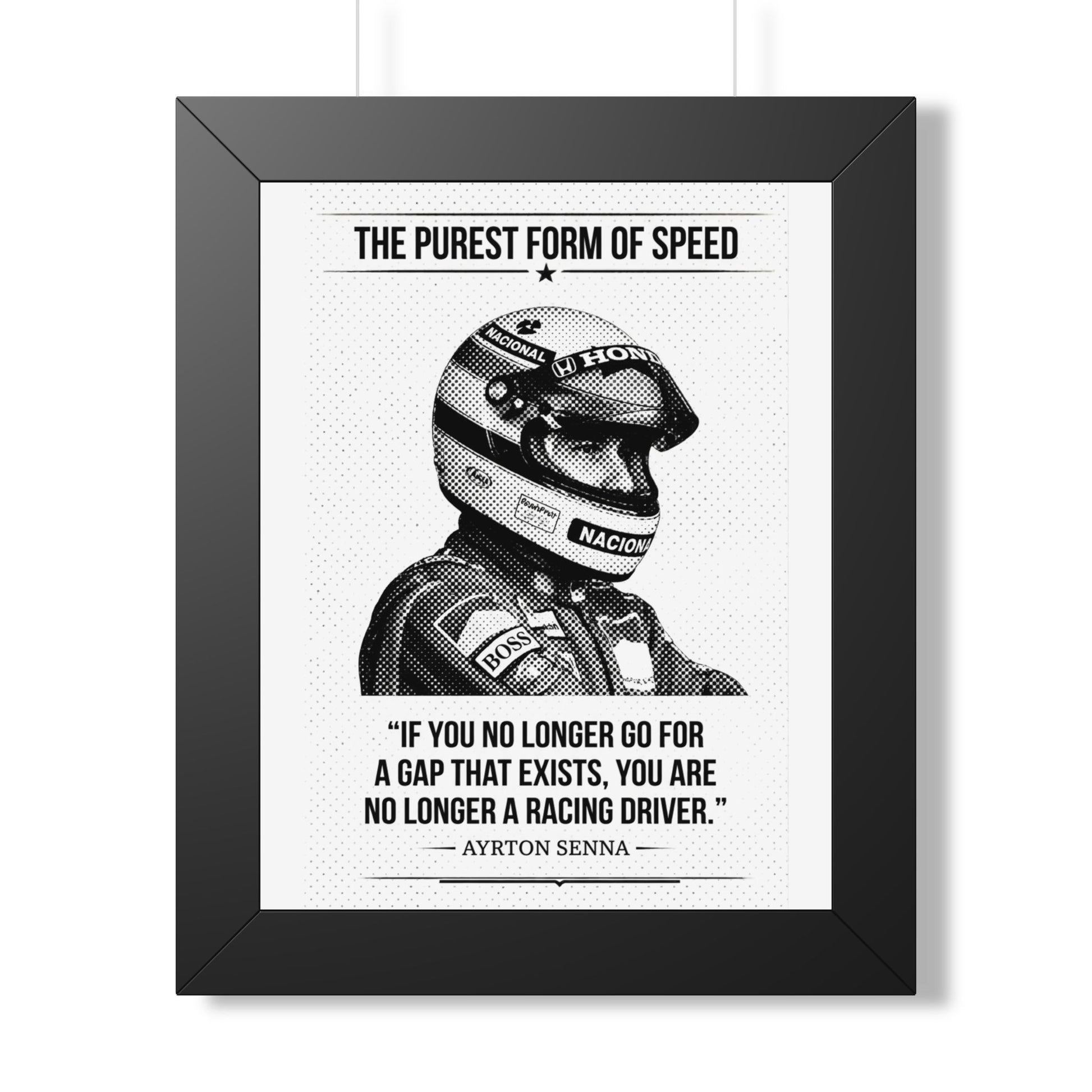 Framed ART with Ayrton Senna's quote and helmet design on a white background