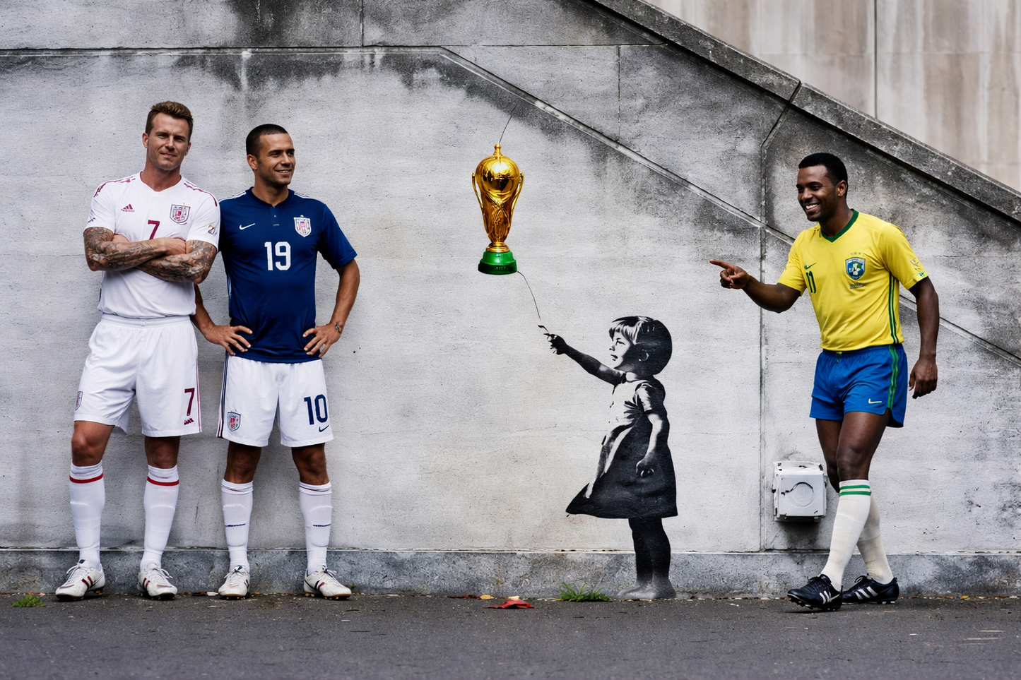 Three men in soccer uniforms standing next to a mural of a girl with a World Cup trophy, with one man pointing towards the mural.