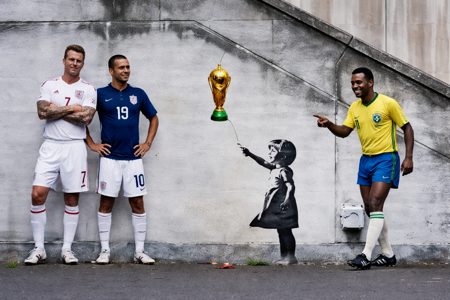 Three men in soccer uniforms standing next to a mural of a girl with a World Cup trophy, with one man pointing towards the mural.