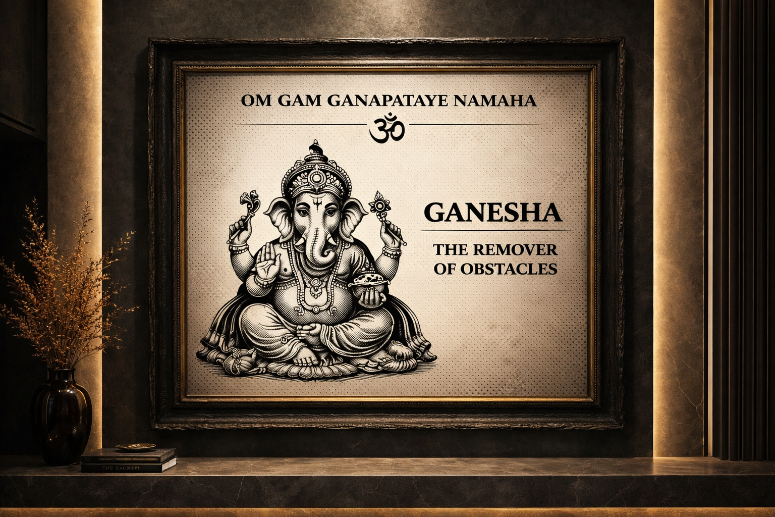 Framed artwork of Ganesha with text on a dark background
