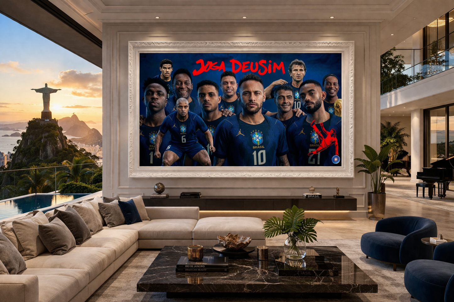 Modern living room with a large screen displaying a sports team, overlooking a scenic view.