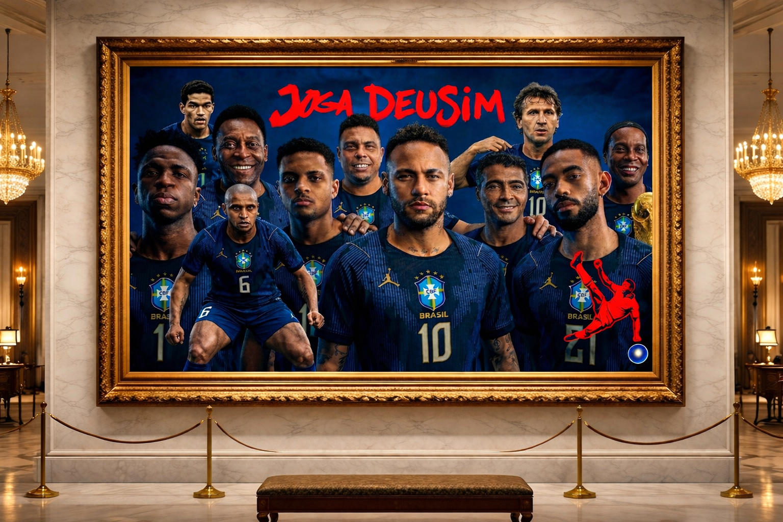 Framed artwork of a soccer player with his teammates on a wall in a formal setting.