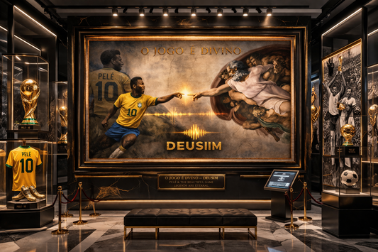 Museum display with a large framed artwork featuring a soccer player, surrounded by sports memorabilia.