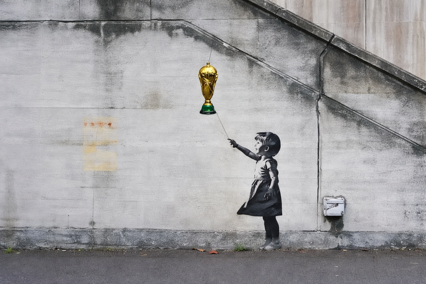 Street art of a girl with a balloon on a concrete wall.