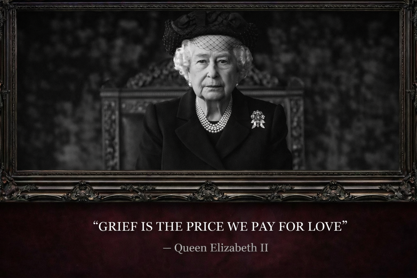 Black and white portrait of a woman with a quote attributed to Queen Elizabeth II.