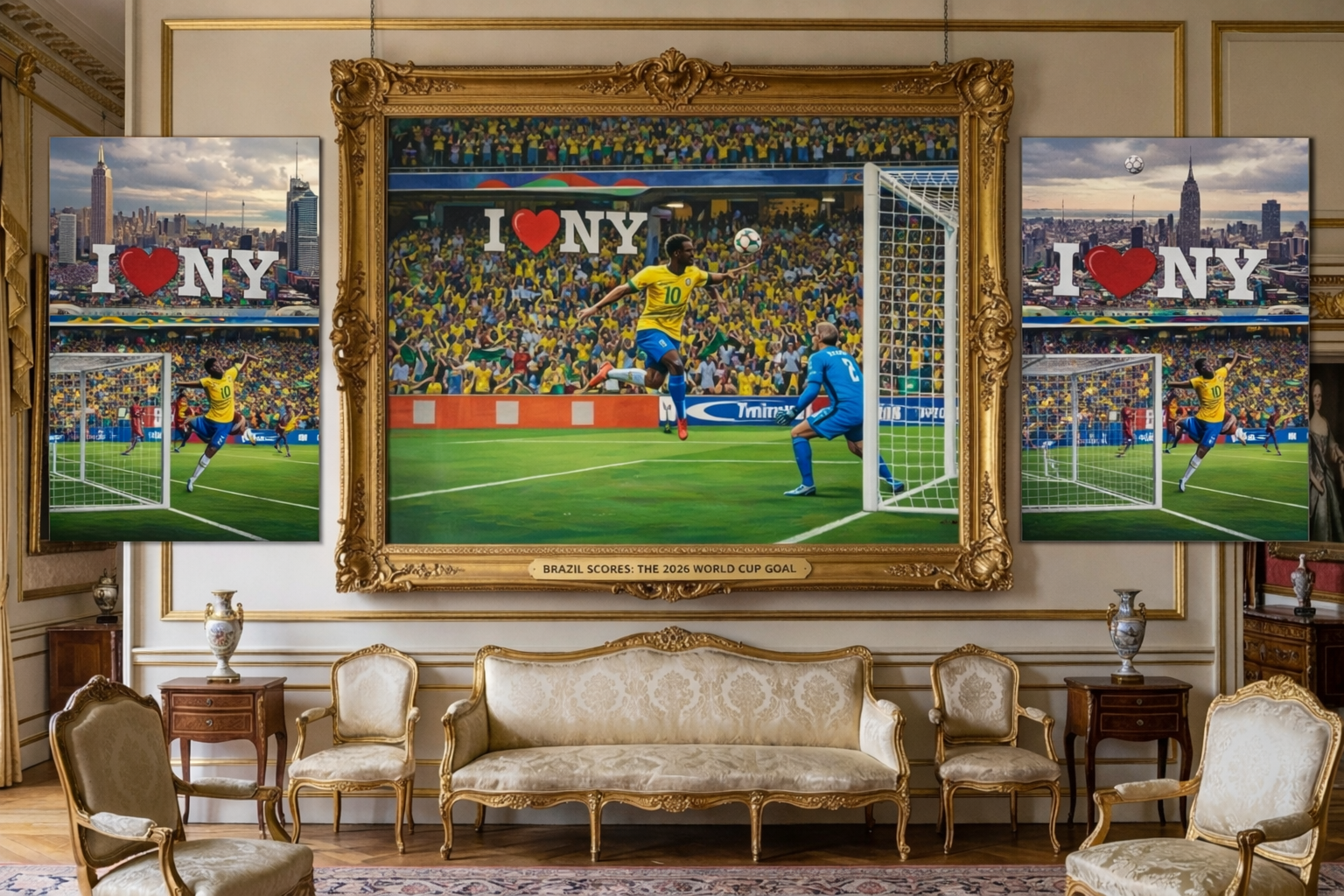 Decorative setup with framed soccer-themed artworks and furniture in a room.