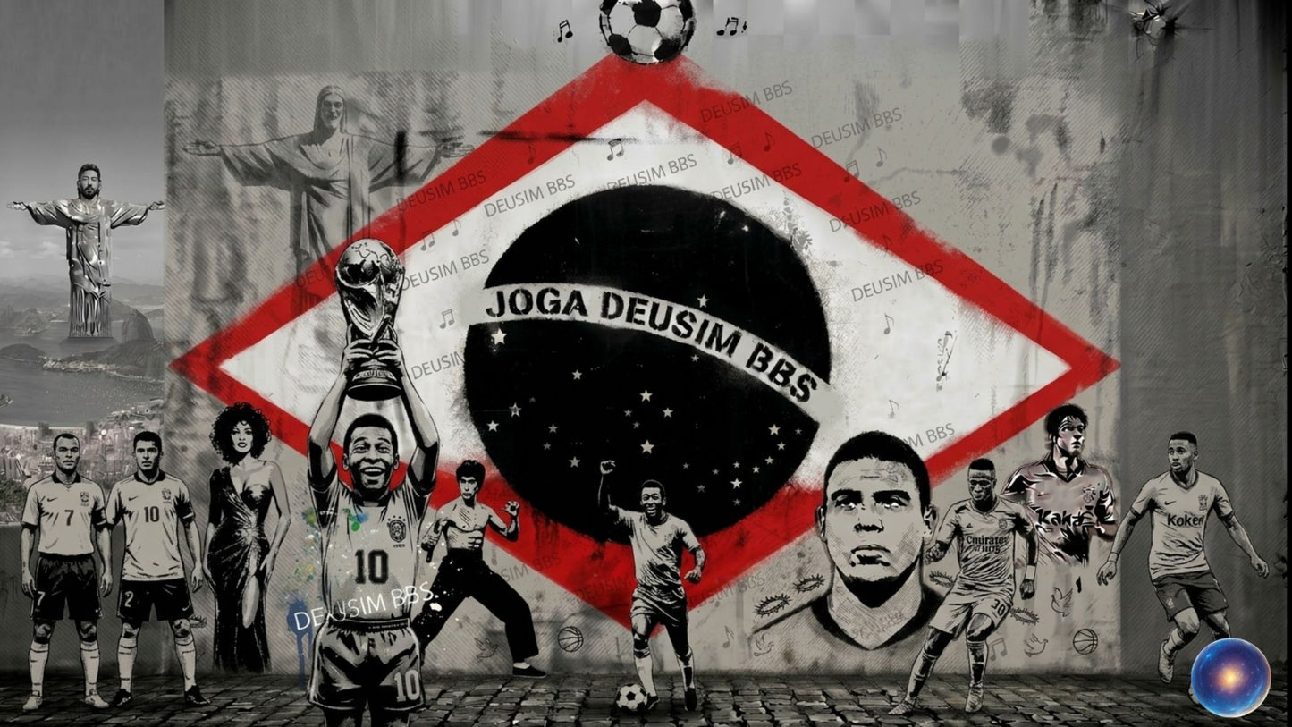 Collage of soccer players with a central logo featuring 'Joga Deusim BBS' text.