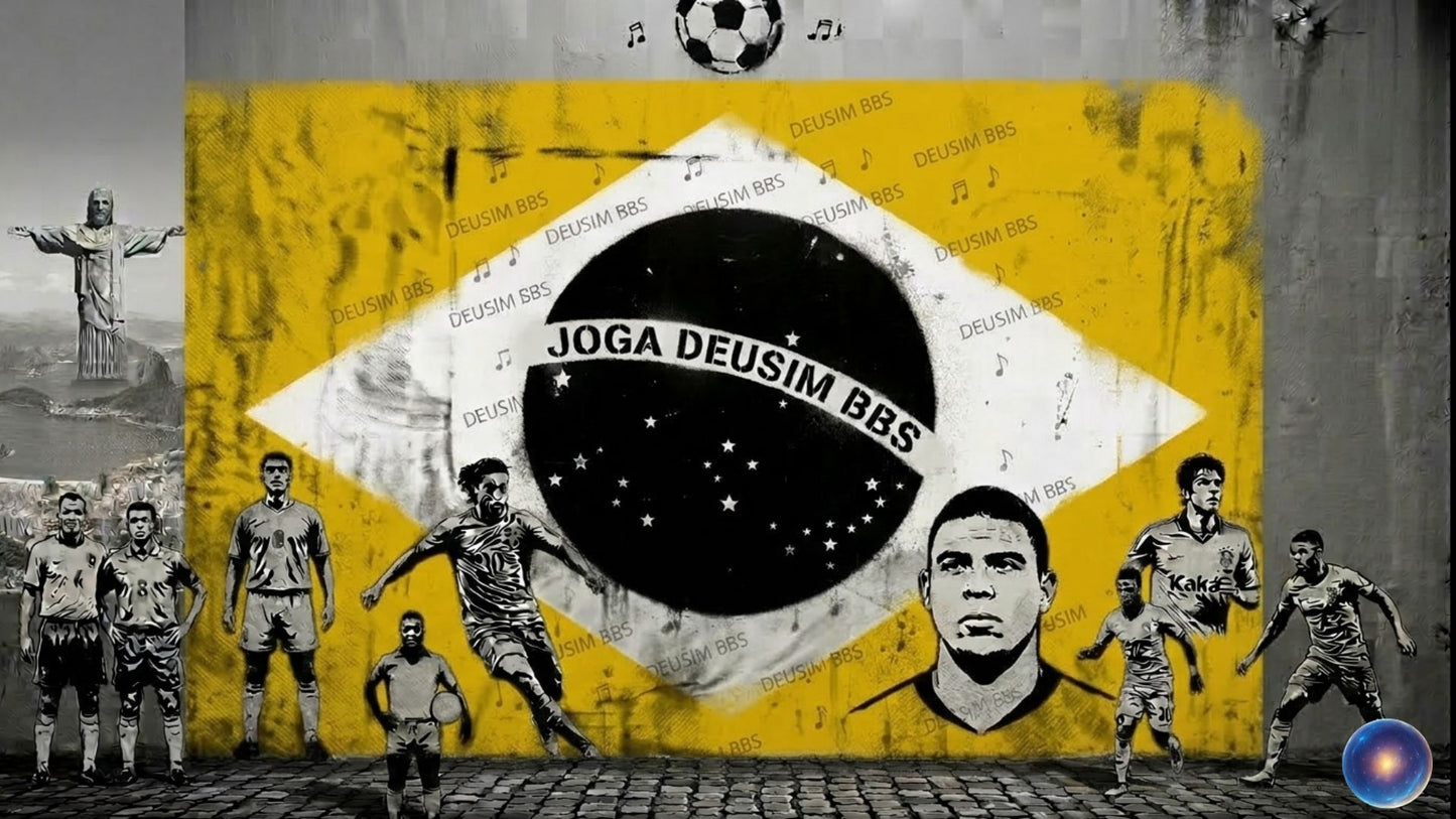 Brazilian flag with 'Joga Deusim BBS' text, soccer players, and Christ the Redeemer in the background.