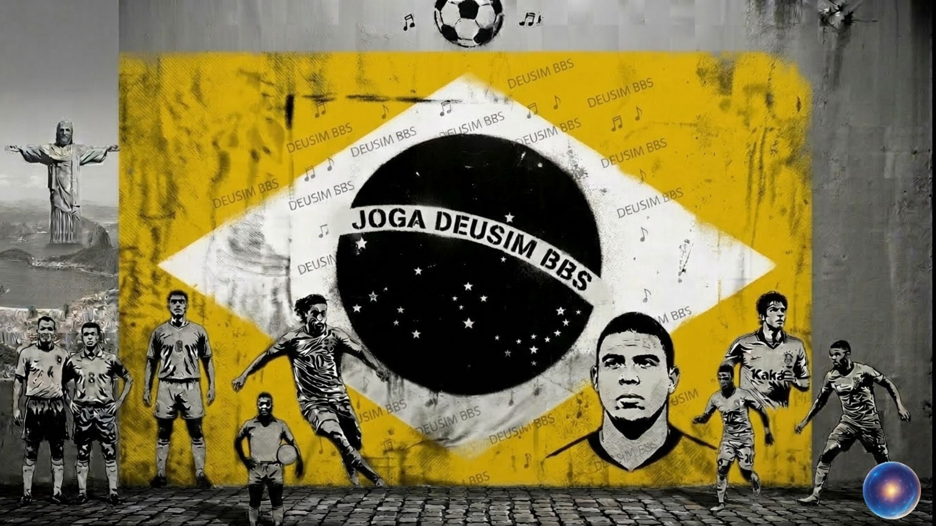 Brazilian flag with 'Joga Deusim BBS' text, soccer players, and Christ the Redeemer in the background.