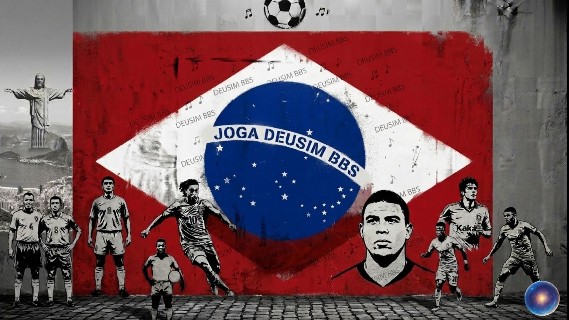 Graffiti-style artwork with soccer-themed elements and a prominent blue circle with text.
