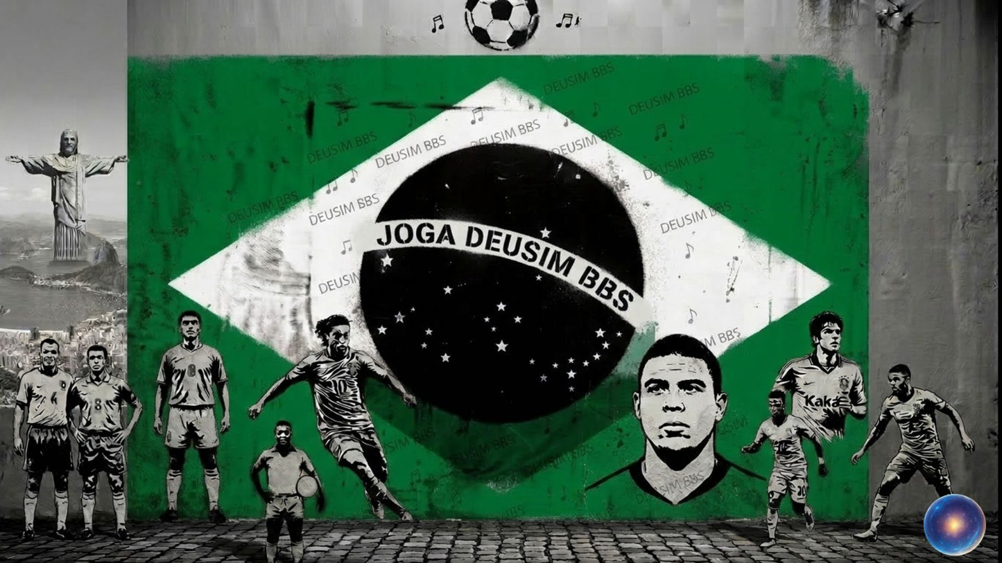 Brazilian flag with 'Joga Deusim BBS' text, soccer players, and Christ the Redeemer statue.