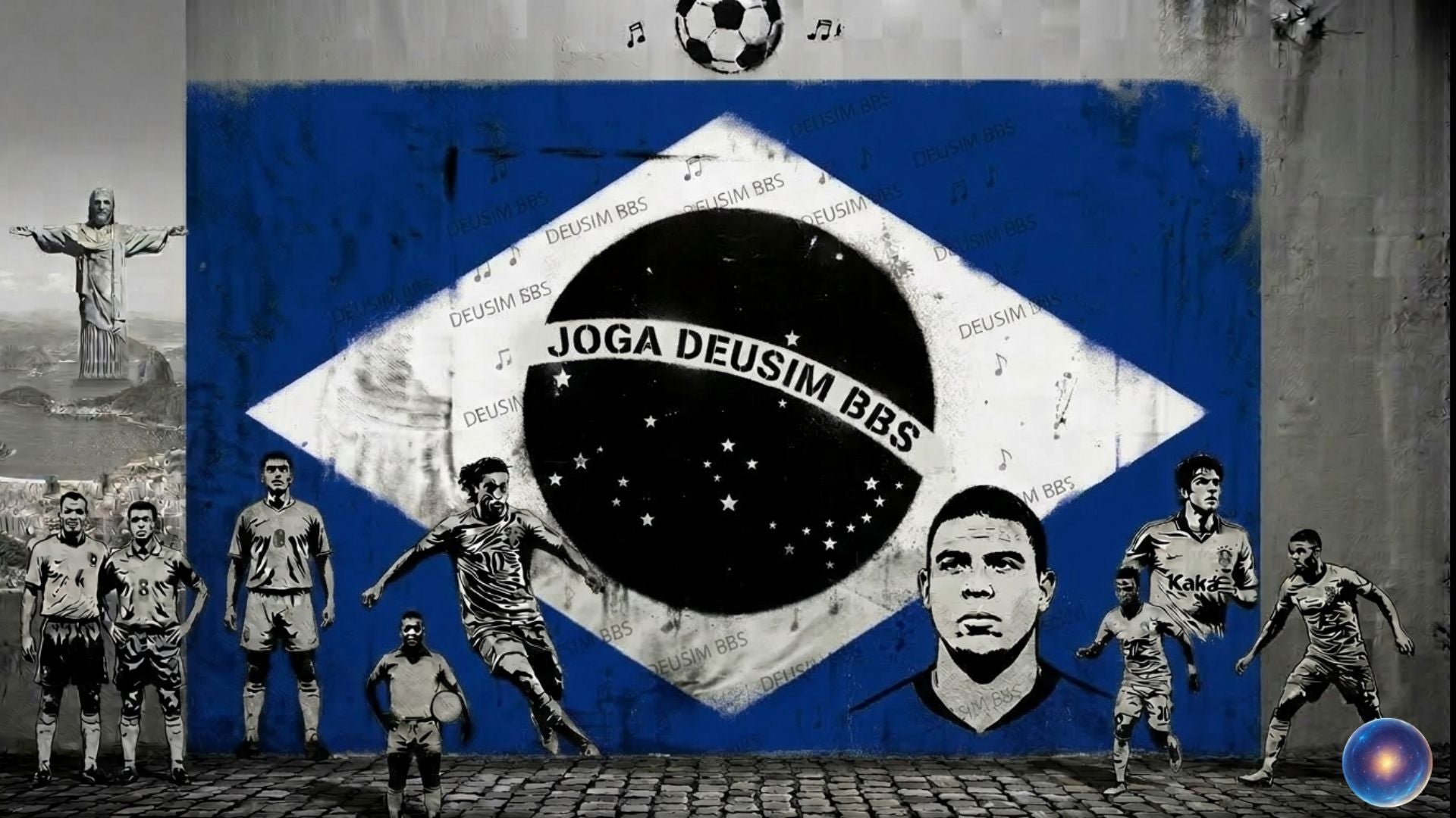 Mural with Brazilian flag, soccer players, and 'Joga Deusim BBS' text on a textured wall.