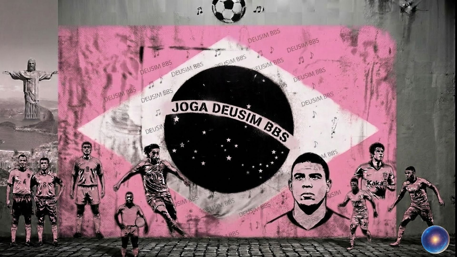 Pink and black graphic with soccer ball and text, featuring images of a statue and soccer players.