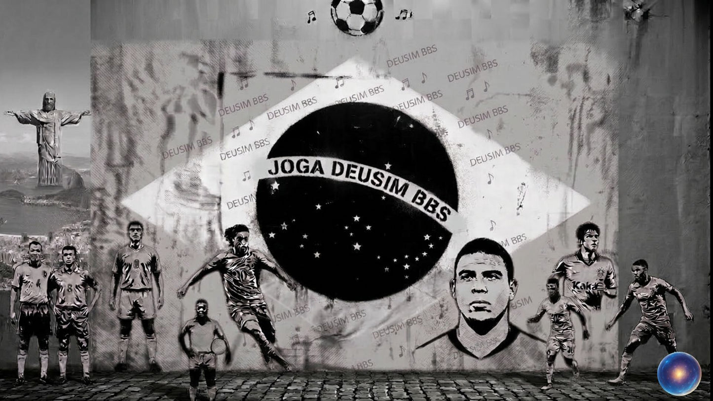 Mural with soccer players, a large black circle with 'Joga Deusim BBS' text, and various symbols on a textured wall.