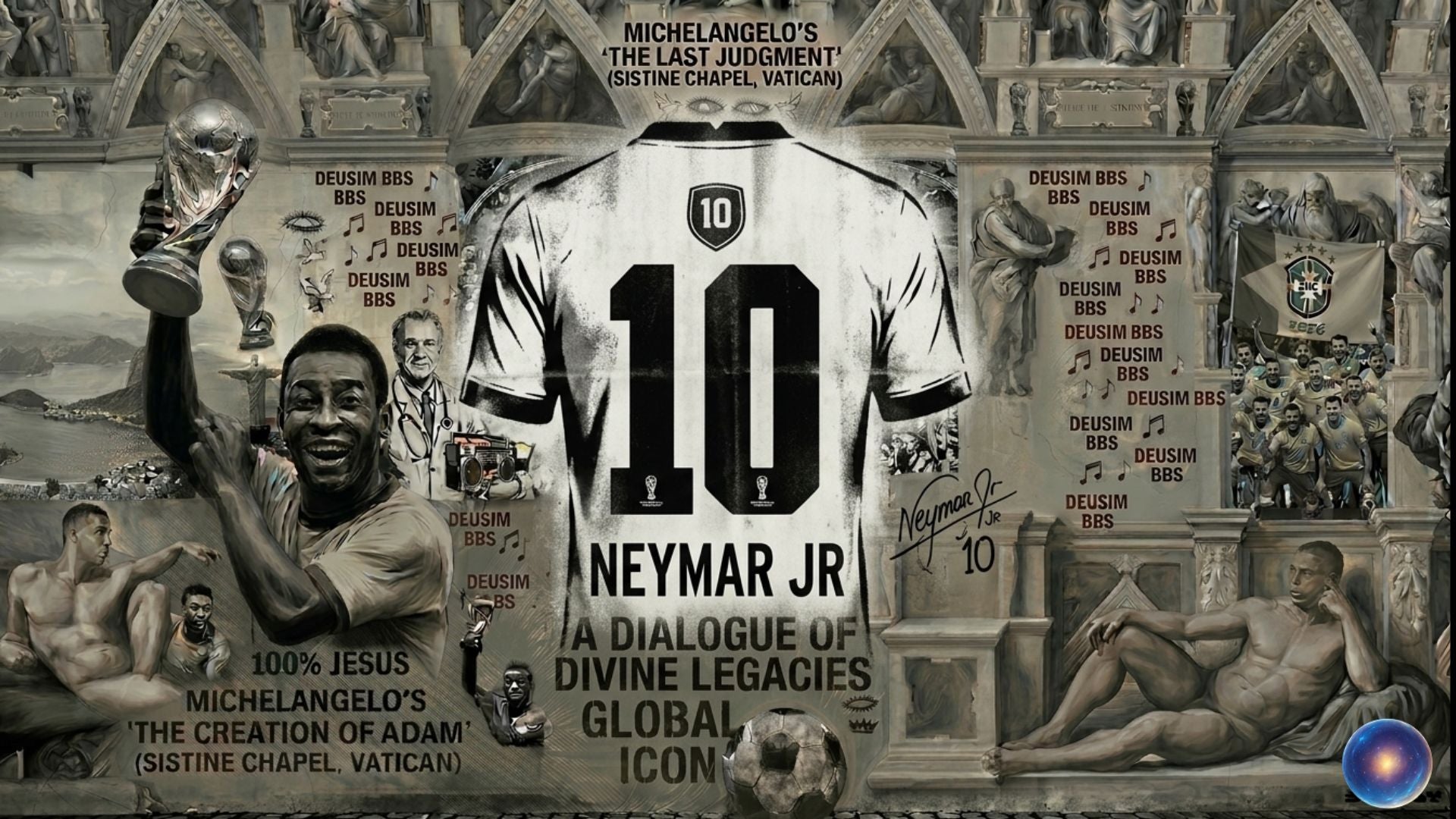Jersey with number 10 and name Neymar Jr. in front of a classical painting background