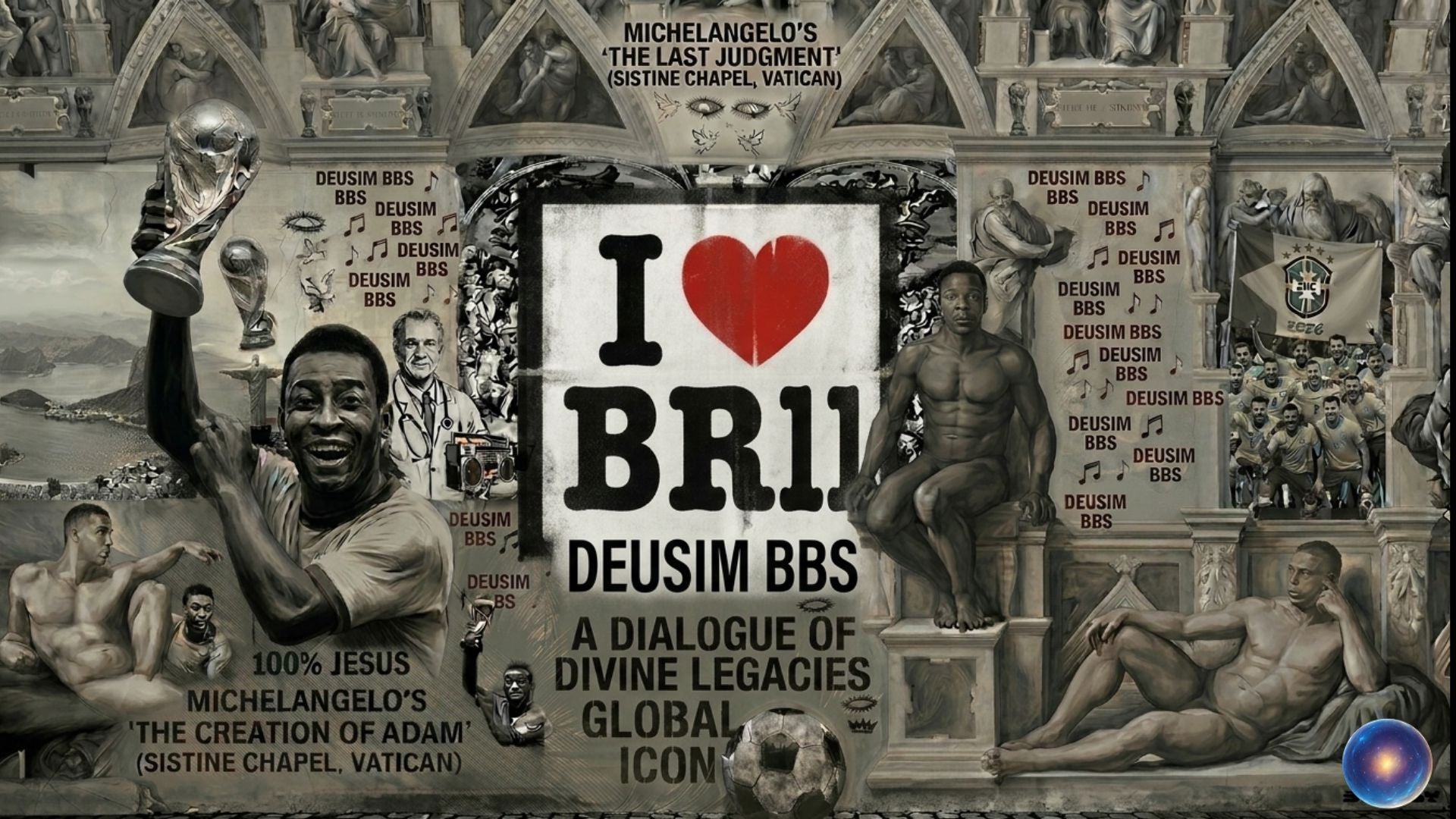 Collage with religious statues, text, and a heart symbol on a dark background