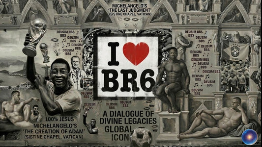 Artistic collage with classical sculpture, text, and a heart symbol with 'I ❤️ BR×' on a decorative background.