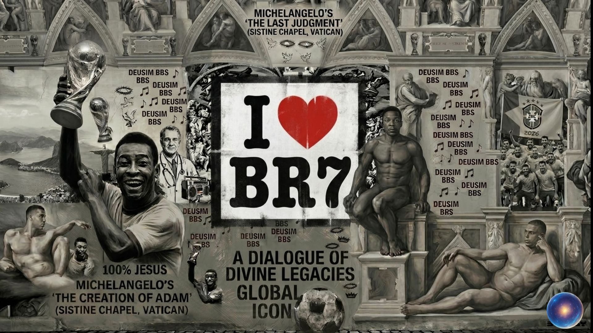 Artistic collage with religious figures, text, and a heart symbol on a black and white background.
