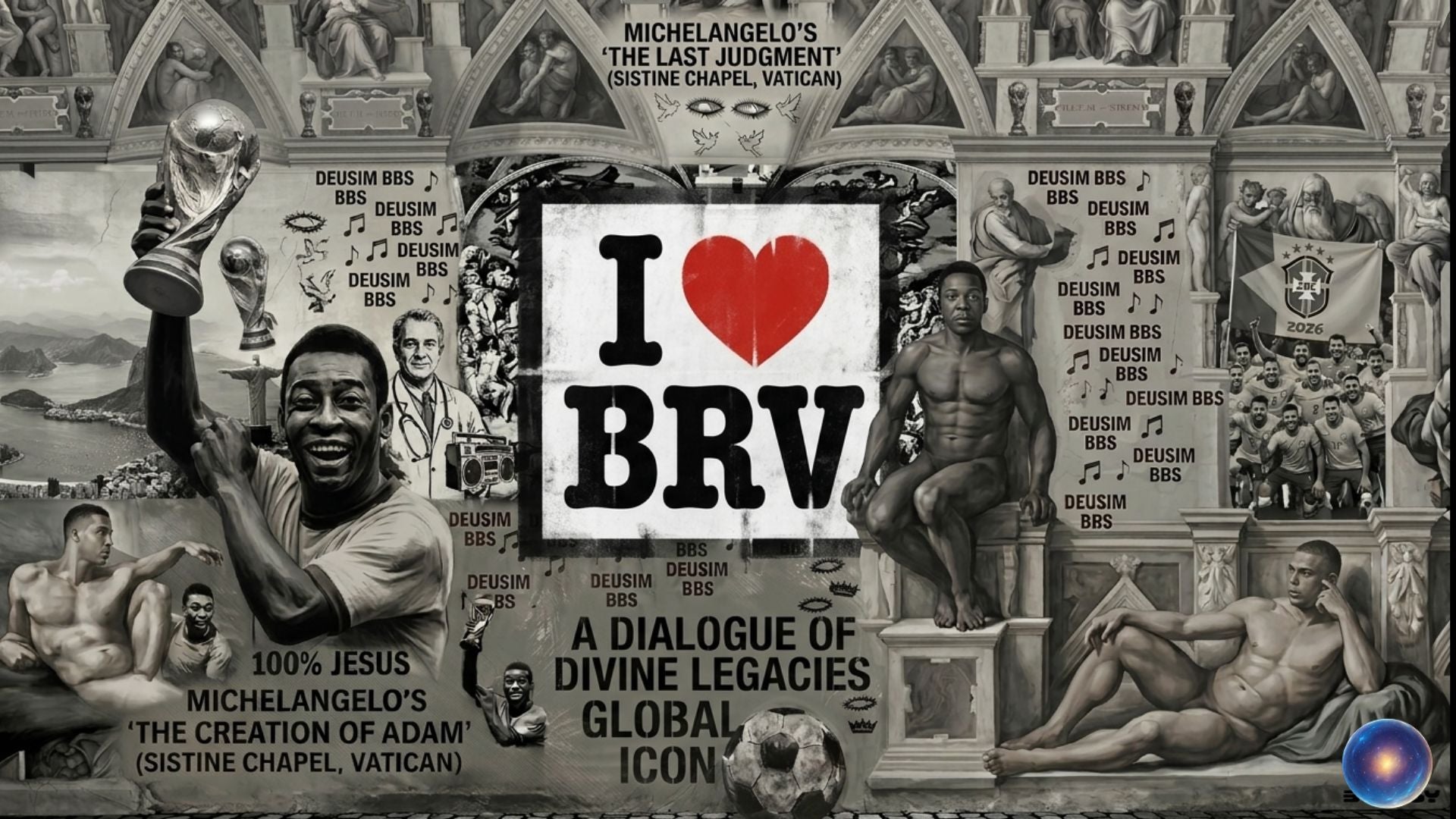 Artistic collage with classical sculpture, text, and a heart symbol with 'BRV' inside.