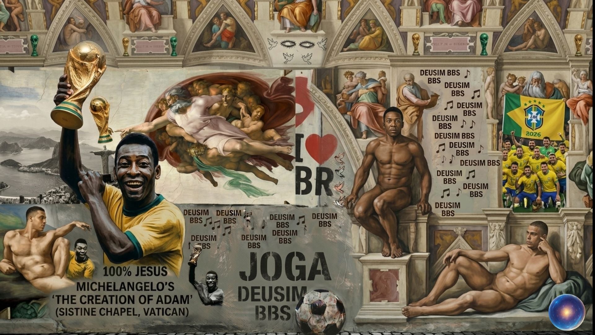 Man holding a trophy in an ornate setting with classical sculptures and religious symbols.