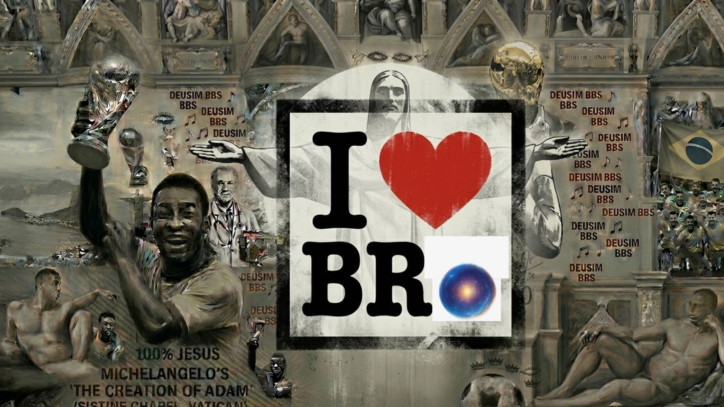 Collage with 'I ❤️ BR' sign, religious-themed background, and trophy.