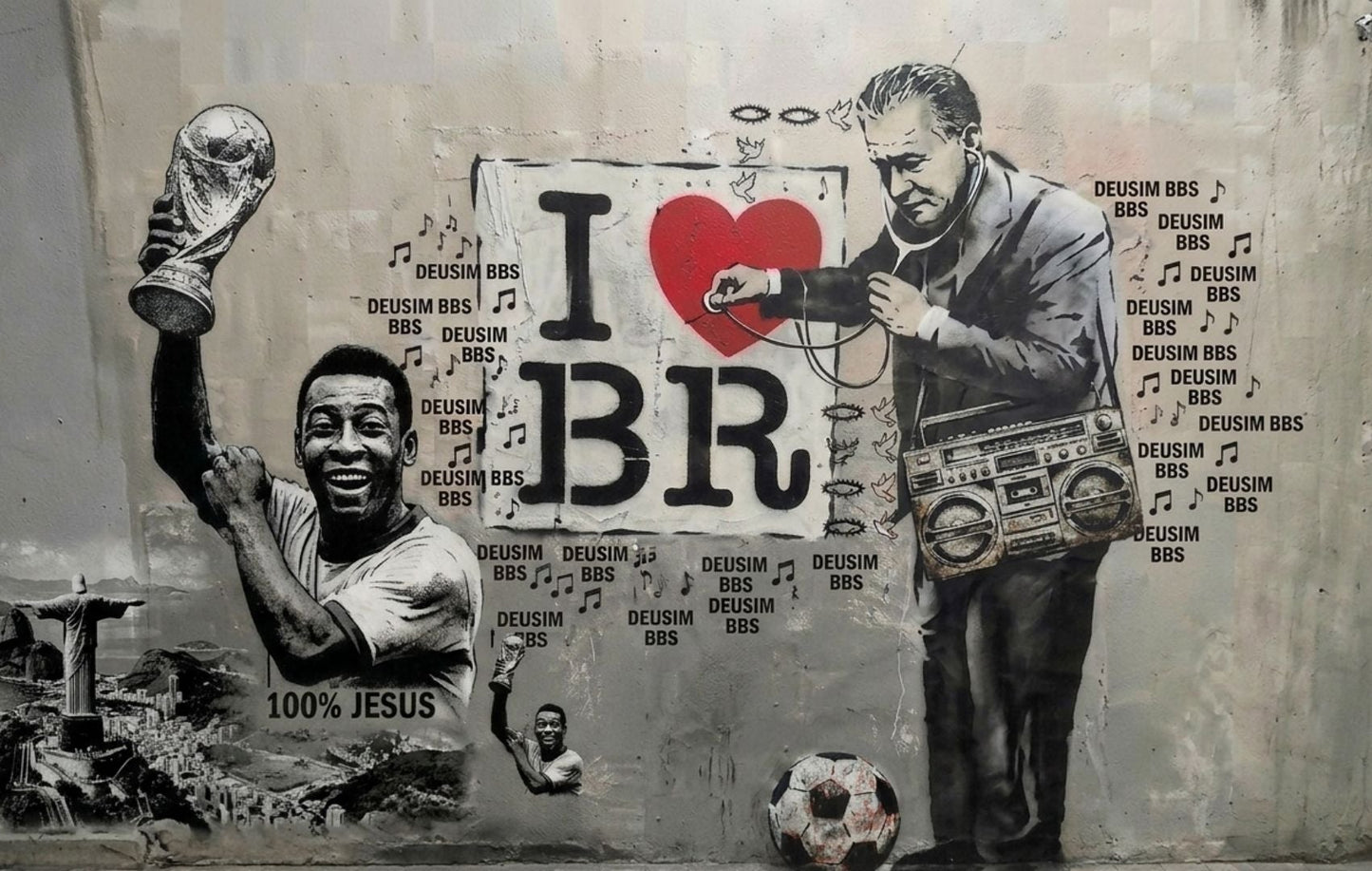 Street art mural with two figures, one holding a trophy and the other with a heart and 'I ❤️ BR' text, on a textured wall.