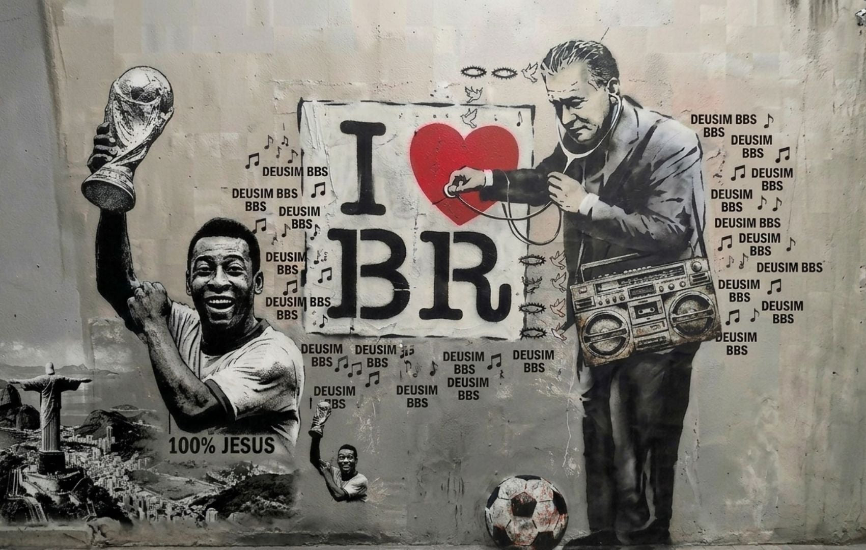 Street art mural with two figures, one holding a trophy and the other with a heart and 'I ❤️ BR' text, on a textured wall.