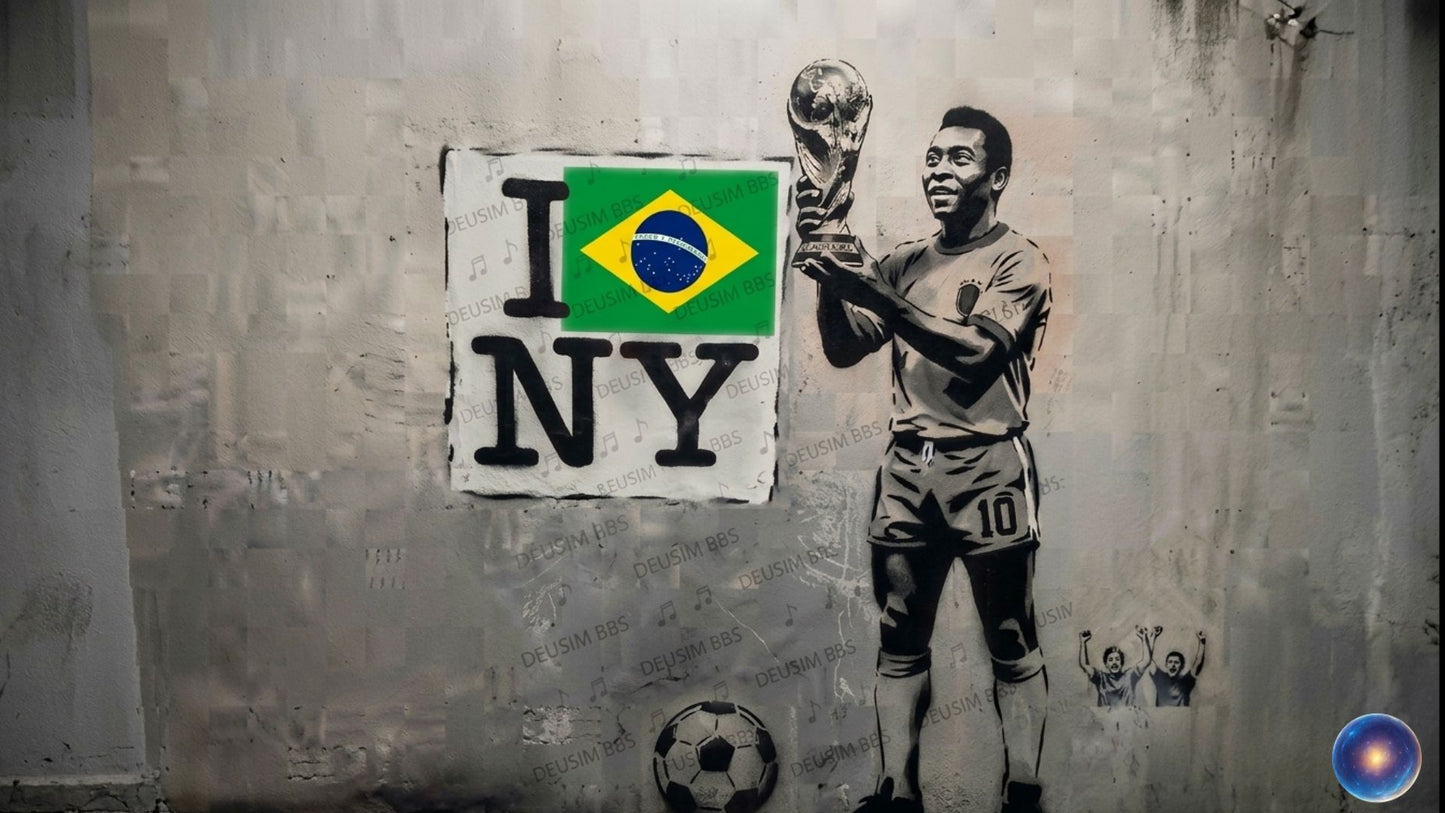 Stylized mural of a soccer player holding a trophy with 'I ❤️ NY' sign and Brazilian flag on a textured wall.