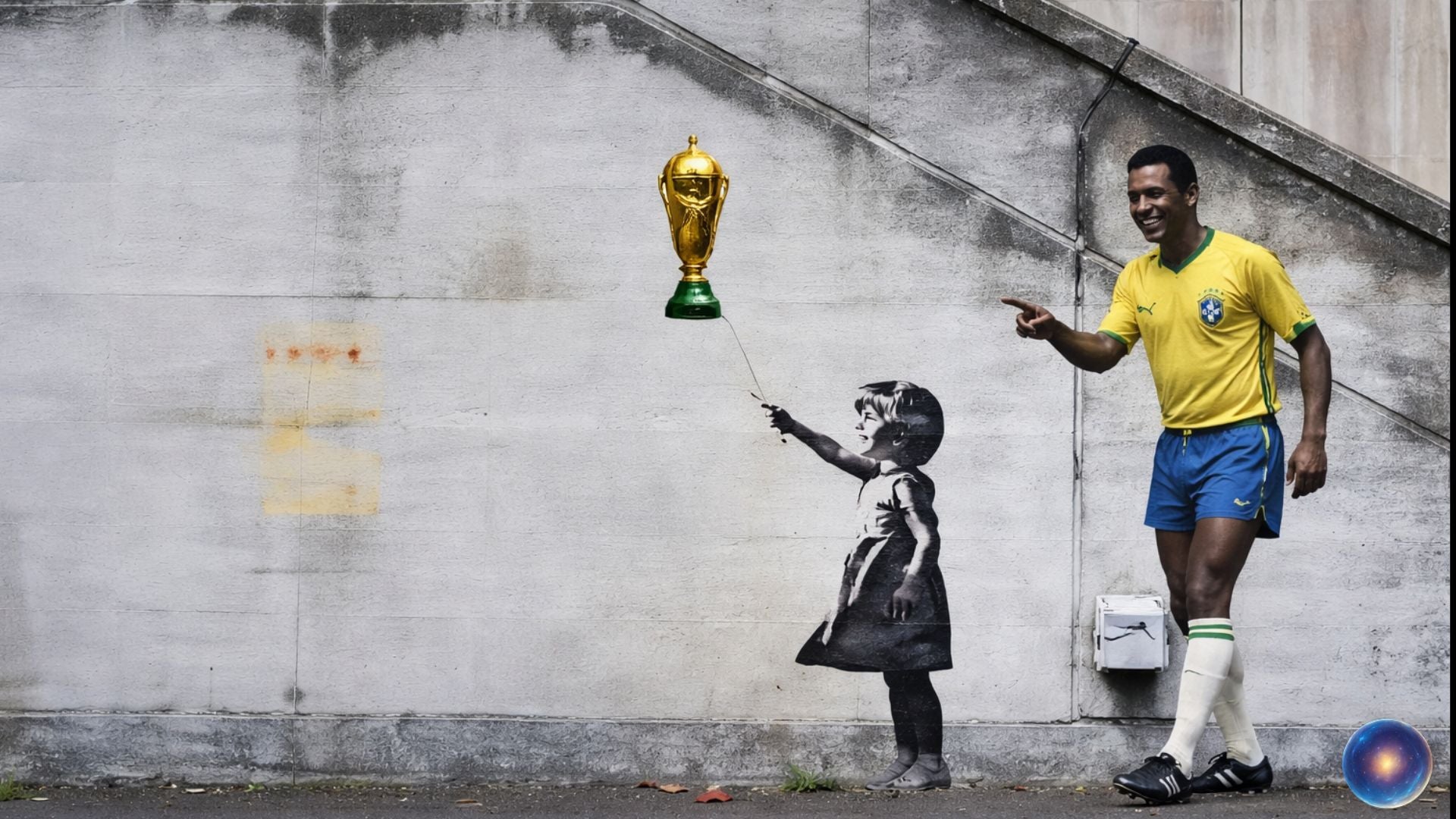 Street art of a child holding a balloon shaped like the World Cup trophy, with a person in sports attire pointing towards it.