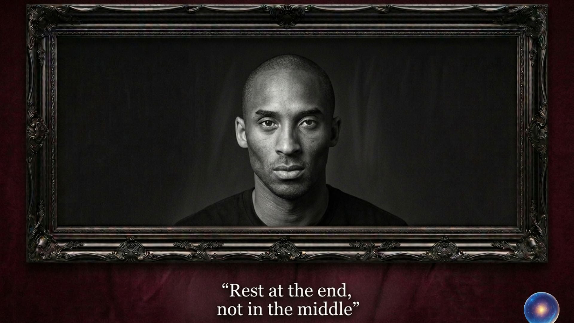 Black and white portrait of a person with a dark frame and text on a red background