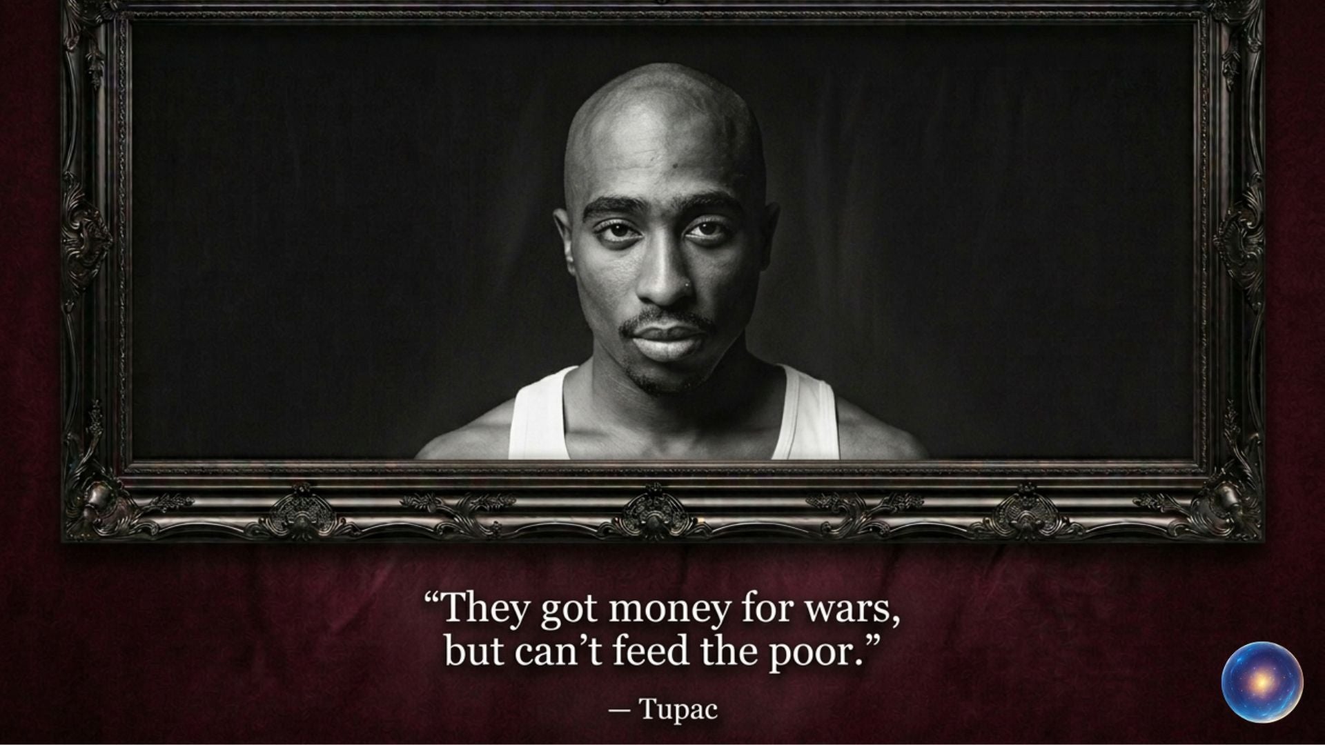 Black and white portrait of a person with a dark frame and quote below.