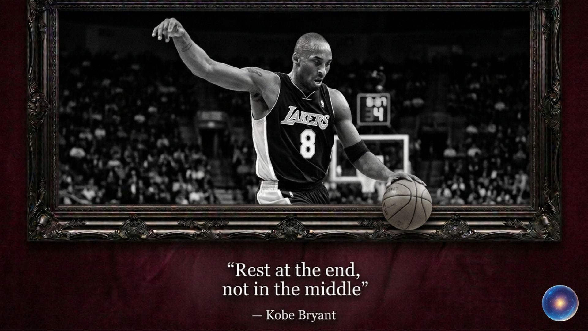 Black and white photo of a basketball player with a quote by Kobe Bryant on a dark background