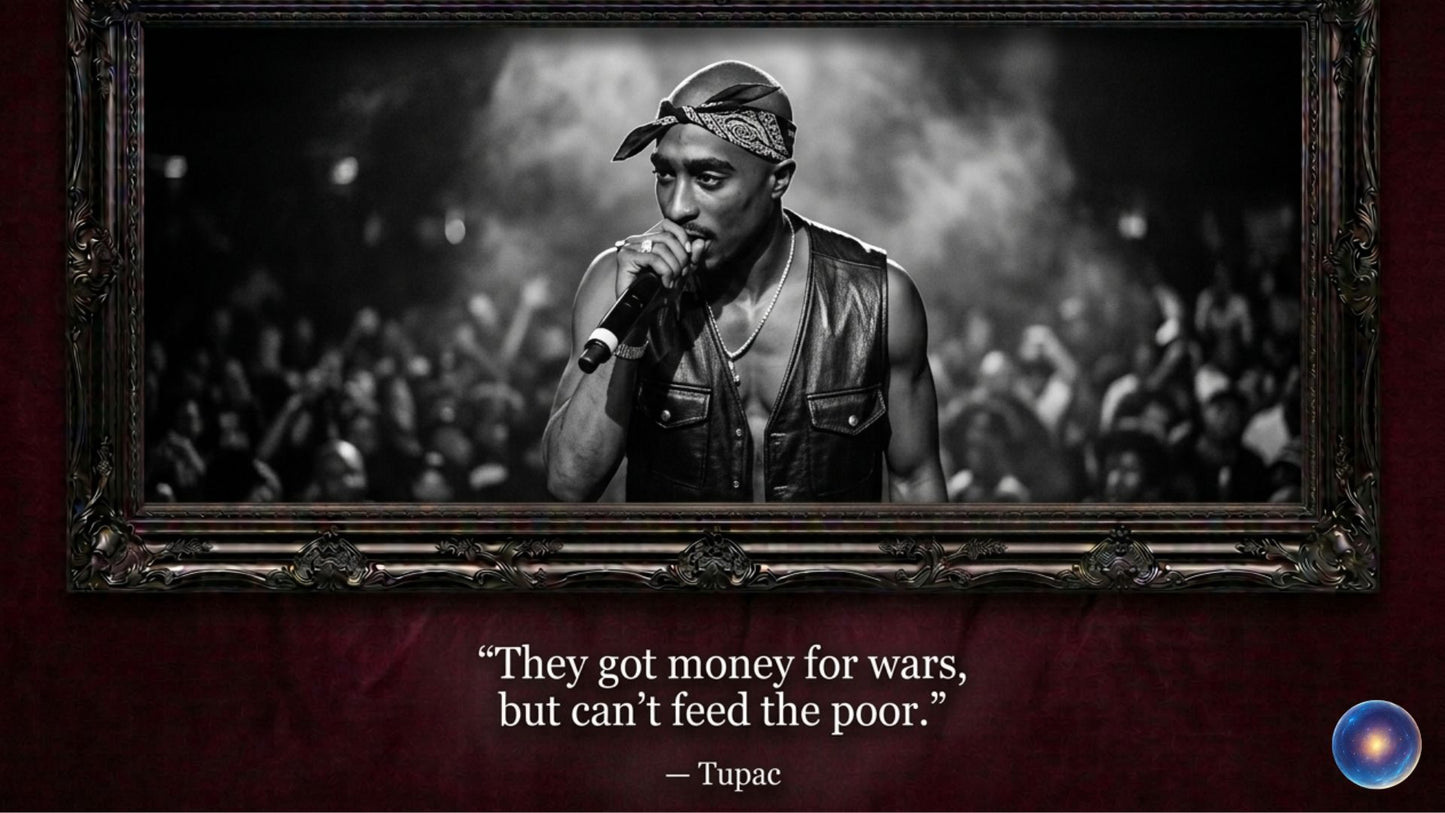 Black and white image of a person with a quote attributed to Tupac in a decorative frame.
