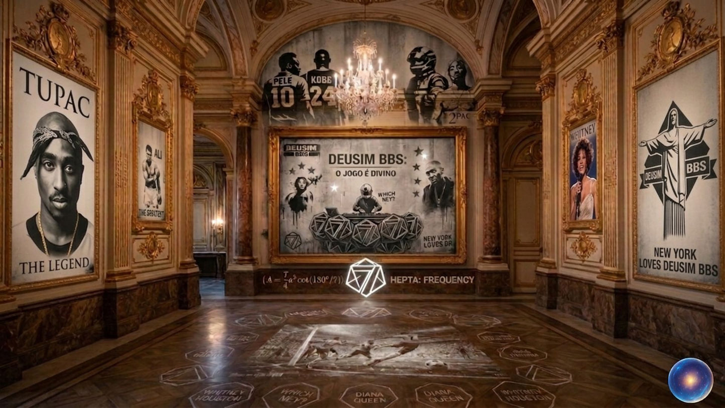 Decorative interior with framed pictures and a central artwork in an ornate hall.