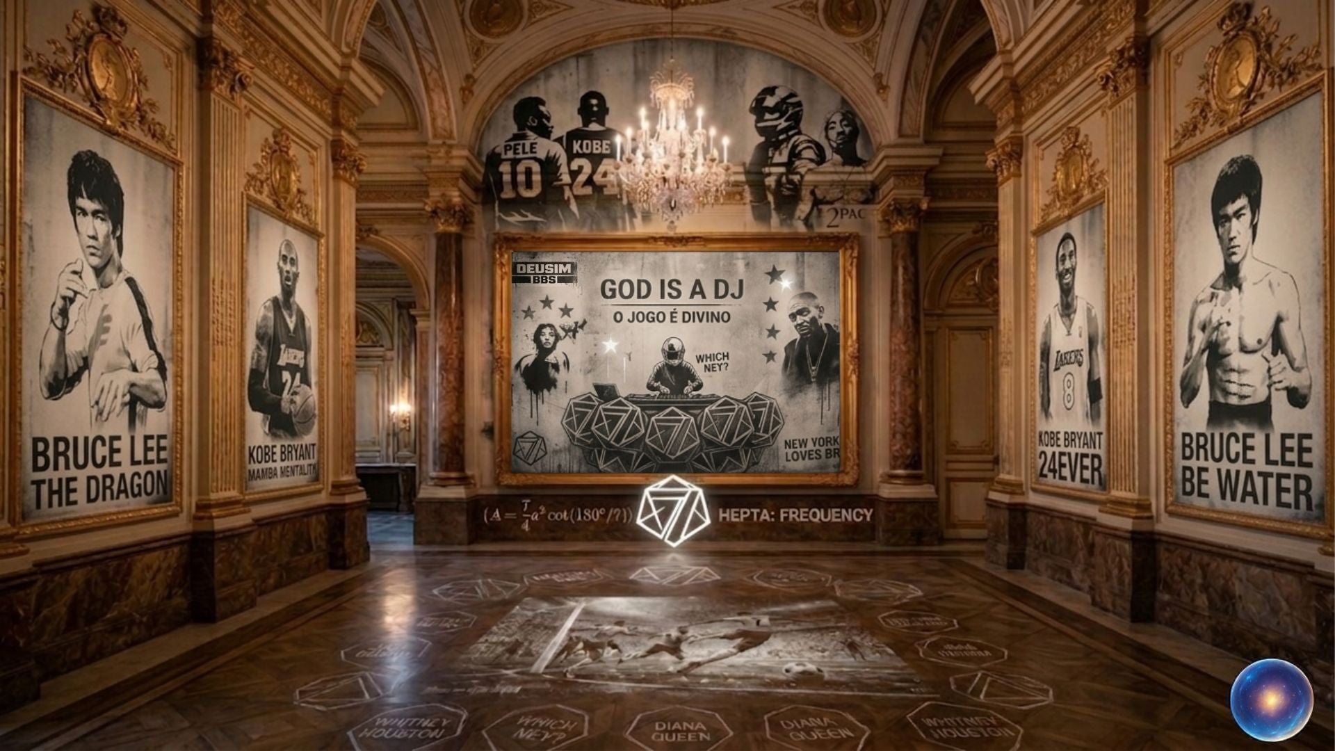 Decorative interior with ART of Bruce Lee and a central artwork with text.